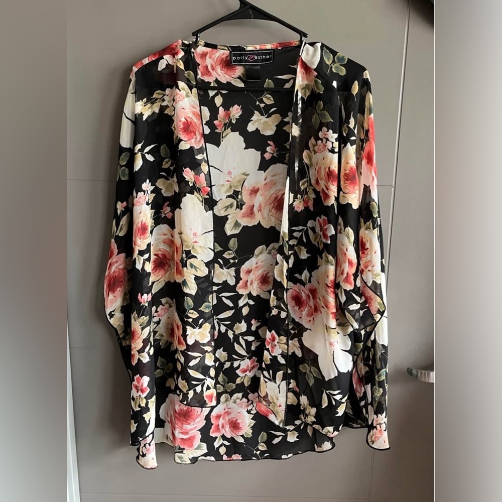 Polly & Esther Black Floral Kimono with Pink & Cream Blooms
